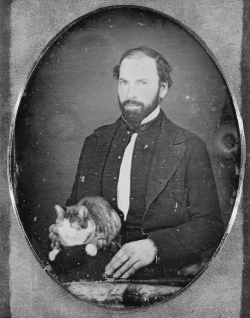 cuteness–overload: One of the earliest photos of a cat. A daguerreotype portrait of a man posi