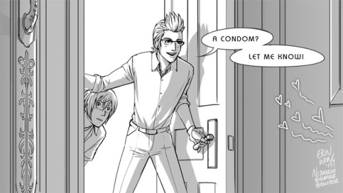 nijuukoo:  Follow up to this Gladio/Prompto comic ᕕ( ᐛ )ᕗ RESPONSIBLE PARENT IGNIS. NEED FOOD? CONDOMS? IGGY GOT U, FAM. Iggy’s not like a regular mom. He’s a cool mom. 