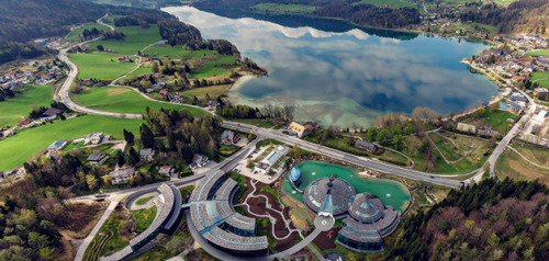 Red Bull headquarters in Fuschl am See, Austria. artistic design by Austrian sculptor Jos Pirkner