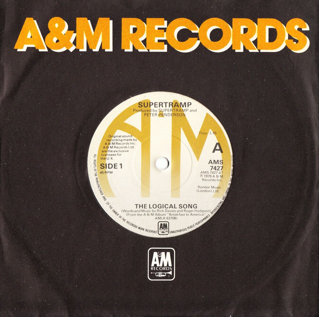 lpcoverart:  SUPERTRAMP The Logical Song 1979 UK A&amp;M RECORDS 7” VINYL SINGLE