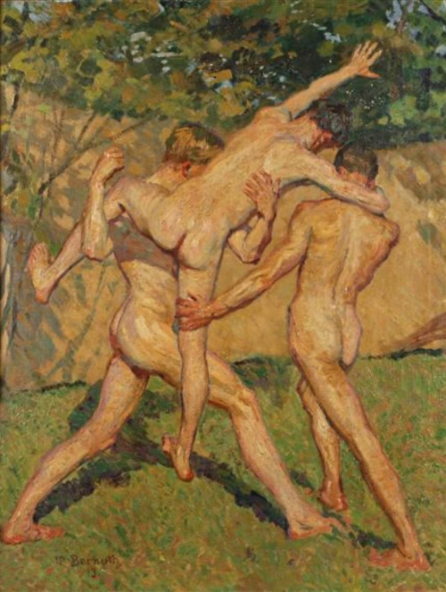 antonio-m:  “Ringende Jünglinge”, c.1913 by Max Bernuth (1872–1960). German painter. oil on canvas panel                                           