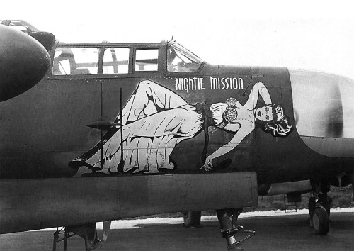 Nightie Mission / nose art on a Northrup P-61A Black Widow of the 6th Night Fighter Squadron, at Eas