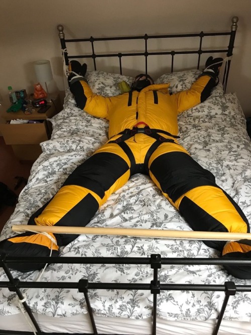 downbound: Tied spreadeagle, muzzled, strapped down, full down gear and two suits, edges for hours a