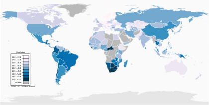 Mappa mondiale del coefficiente di Gini che misura la diseguaglianza nella distribuzione del reddito. I paesi a coefficiente di Gini più basso (colore chiaro) sono i paesi dove il reddito è distribuito più equamente. Al contrario, quelli a coefficiente