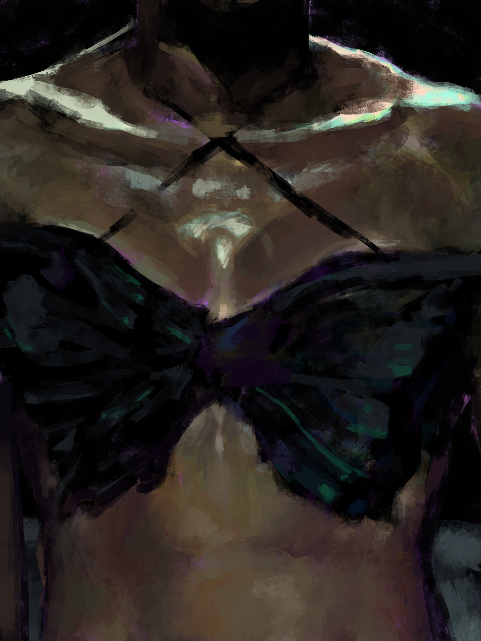 green-heavy painting of a butterfly-looking crop top on a model