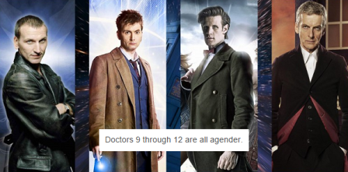 doctorwholgbtheadcanons:Doctors 9 through 12 are all agender.