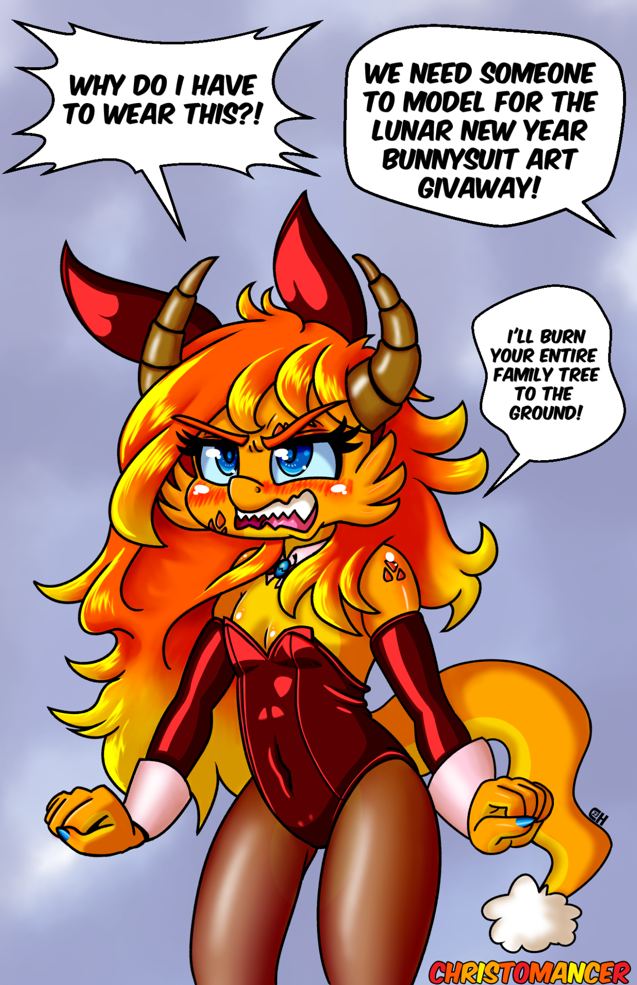 Flame the Kobold looks so happy! 
Want your character of choice drawn in a cute bunny outfit?  
I'm doing a Lunar New Year 
