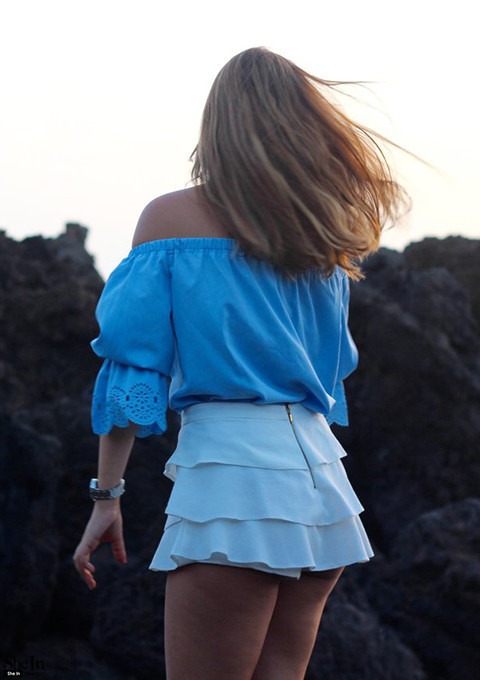 youthgreed:  Blue Off The Shoulder Elasticated Blouse