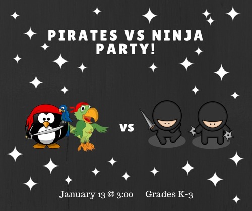 Join us tomorrow from 3:00-4:00 for a pirates vs. ninja party in the storytime room! They&rsquo;