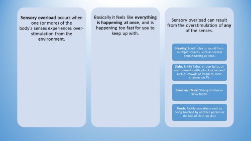 cutebmo:  lilbijou:  : Sensory Overload and how to cope. (click on images to zoom)  OH MY GOD IM SO SURPRISED FIBRO IS LISTED ON HERE…WHEN PPL TALK ABOUT SENSORY OVERLOAD THEY USUALLY FOCUS ON MENTAL DISORDERS (WHICH IS FINE AND UNDERSTANDABLE) BUT