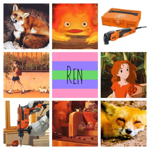 Fox/Ghibli/Tools/Orange based Trigender moodboard with the name Ren! ^^For an anon!! Hope you like t