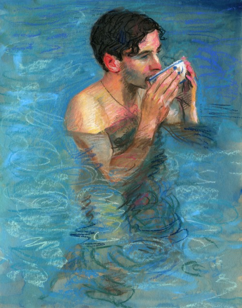 thunderstruck9:TM Davy (American, b. 1980), Man in the Pool in the Rain Drinking Tea. 2019. Pastel and gouache on paper, 14 x 11 in.