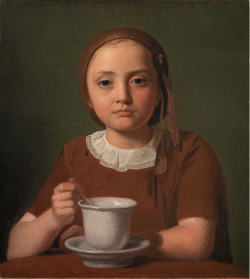 desjolieschoses:Constantin Hansen, En lille pige, Elise Købke, med en kop foran sig (A little girl, Elise Købke, with a cup in front of her), 1850.