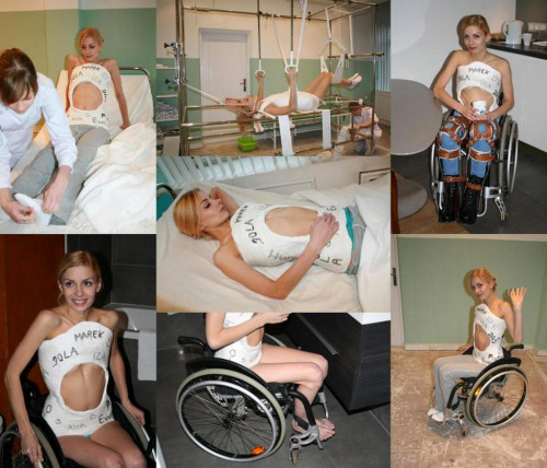 Sexy blonde in wheelchair (pretender) with adult photos
