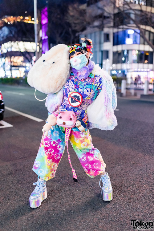 Japanese indie idol Purinchan - of the group Rainbow Panic - on the street in Harajuku wearing a &ld