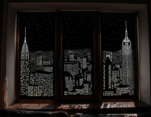 itscolossal:Buildings and Stars Cut into Blackout Curtains Turn Your Windows Into Nighttime Cityscap