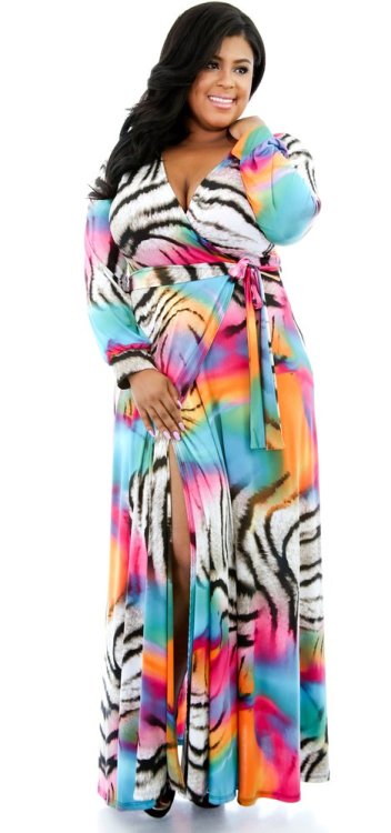 Boutique115 Plus Size &ldquo;Rainbow Sunset&rdquo; Long Faux Wrap Dress