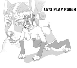 sitprettypuppy:  Who says girl pups can’t play rough? (Art by me, please do not redistribute)