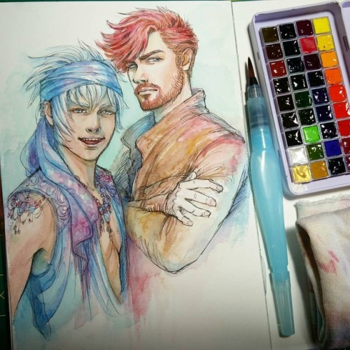 My Ocs Ren and Lucien, using my tiny watercolor palette that holds 36 colors and also fits in my han