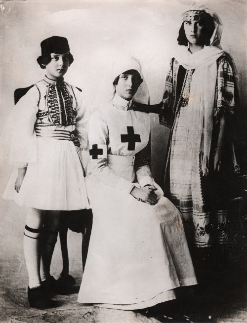 Press photo of the daughters of Elena Vladimirovna in costume.Princess Marina as an Ezvone guard; Pr