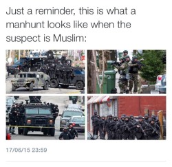 jaharts93:  THE ACCURACY OF THIS TWEET! No, but since the guy who made bomb threats and shot up a holy place is white, where is the manhunt with all the armed forces? Where is the curfew? Where is the swat team invading people’s homes? This is a terrorist