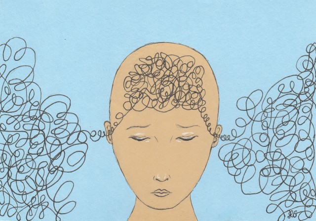 Simple ink drawing of a person's head, tilted downwards with the eyes closed on cream card, against a pale blue background. On each side near to the head is a mess of black scribbling lines that enter through each ear and meet at the centre of the head to form a maze of scribbles. Within the scribbling lines on the right bottom hand corner is the artist initials "R.E." 