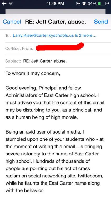 not-so-bitterbritters:  chicmedschool:  godgazi:  So this mayo stain cave savage is harassing black students via Twitter and calling them the N-word. The school has decided not to do anything about it and he went back to harassing black students online.