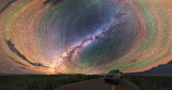 just&ndash;space:  Colorful Airglow Bands Surround Milky Way   : Why would the sky glow like a giant repeating rainbow? Airglow. Now air glows all of the time, but it is usually hard to see. A disturbance however – like an approaching storm – may