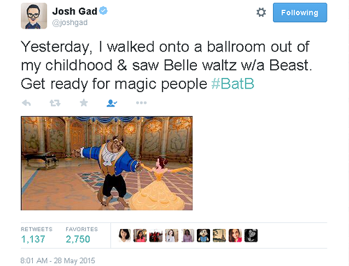 mickeyandcompany: Josh Gad (LeFou) tweets from set of Beauty and the Beast (2017)