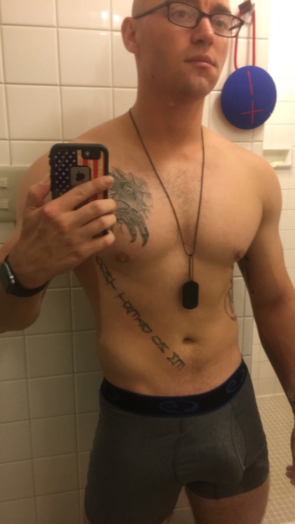 caughtjerking:  Bryce is 24 yrs old and a Marine currently stationed in Japan. He is a fitness enthusiast and is always proud to show off his massive bulge. I find him sexy because of his confidence. And of course, he is packing serious sausage meat!!!