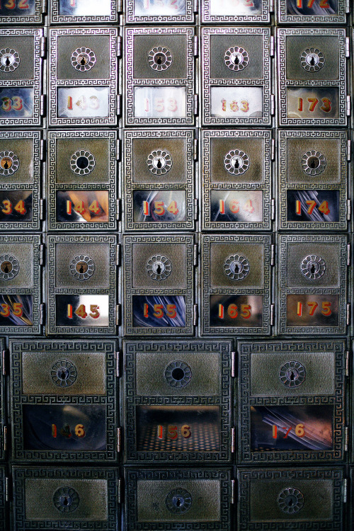 Old mailboxes still in use at the post-office in Santa Barbara. 