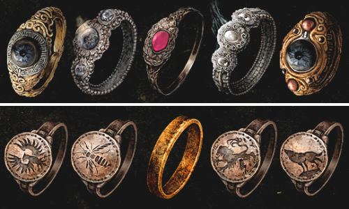 panzerfluch: swordofmoonlight: DARK SOULS III >> Rings Off the top of my head, from left to right in descending order: Keep reading  bling bling~ 