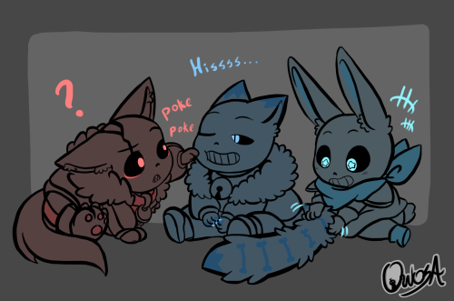 sanspar:  owosa:    I fell in love with @sanspar ‘s FellWolves and @keksbela ‘s blueberry bunny designs and i’ve to draw them, but i think i will be better if it was the three Sans together ( UT Sans based in some cats versions i saw of him Uu)