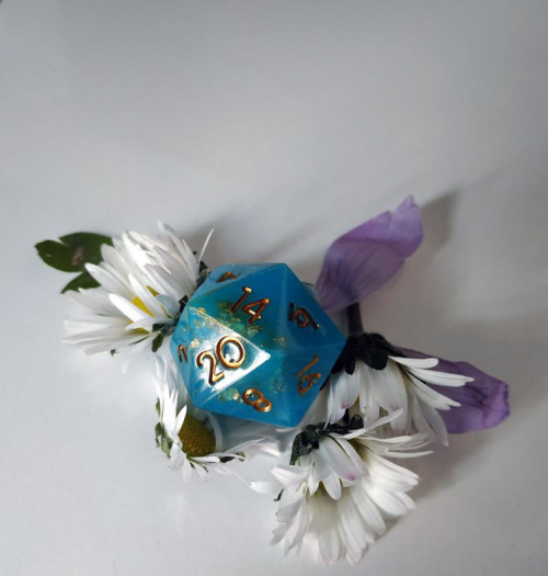 juspeczik:My first set of dice Handmade! Opaque cyan with gold leaf mixed with resin. Golden numbers