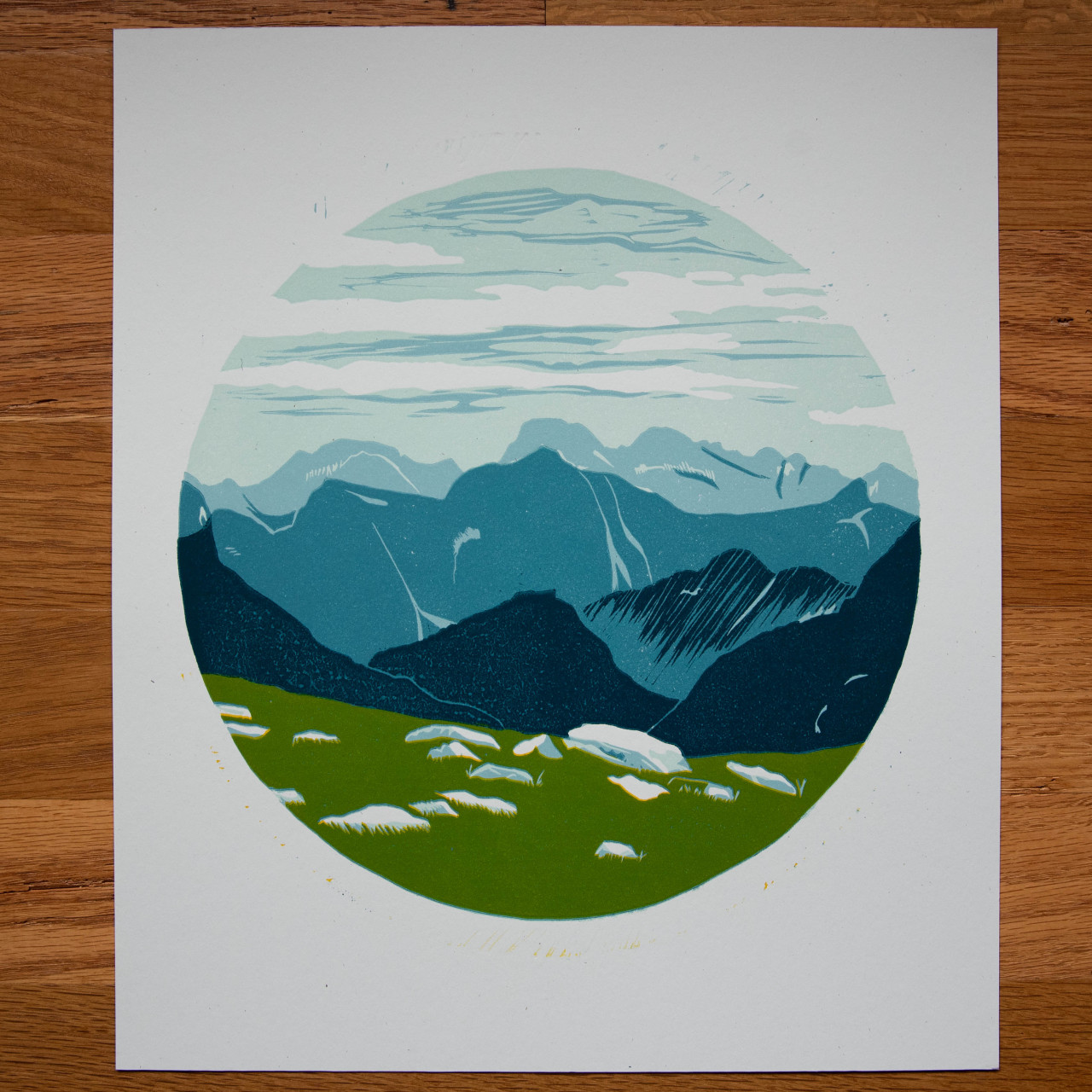 Wind River Range Reduction linoleum print
Limited edition five layered linoleum reduction cut.
Carved by hand. Printed by hand, one layer at a time, on a Vandercook 0 Proof Press.
A bit about the print process:
I started printing the sky and finished...