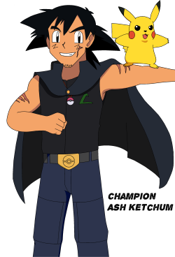 mezasepkmnmaster:  Champion Ash Ketchum would like to battle! My personal illustration for a somewhat older Ash after having claimed the Indigo League title from Lance. Much like his predecessor, he’s very fond of wearing a cape that totally makes him