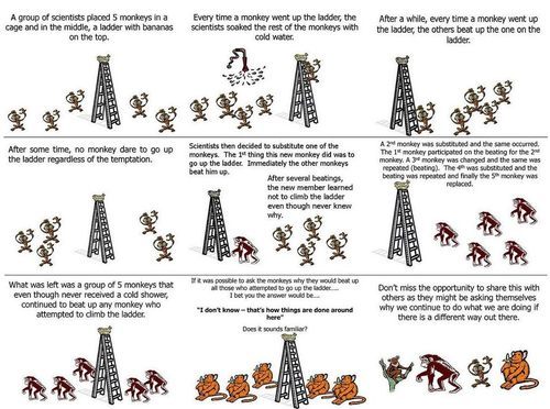 ultrafacts:  The image text says A group of scientists placed 5 monkeys in a cage and in the middle, a ladder with bananas on the top. Every time a monkey went up the ladder, the scientists soaked the rest of the monkeys with cold water.  After a while,