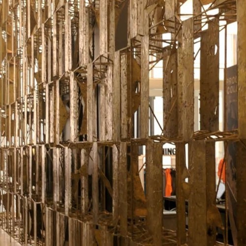 A wonderful Harry Bertoia screen from the 1950s now restored in the new North Face store on 5th avenue
The screen is 70ft long and made of 800 brass copper and nickel panels
The store is in the iconic Manufacturers Trust...