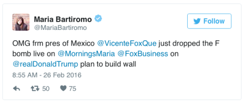 micdotcom:  Former Mexican president Vicente Fox isn’t going to pay for Trump’s “fucking wall” On Fox Business Thursday, Mexico’s former leader Vicente Fox dropped a doozy of a sound bite, declaring with an f-bomb Mexico wouldn’t be paying
