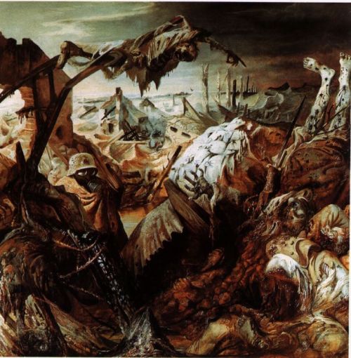 greatwar-1914:The Trench, by Otto Dix, 1932. Dix’s work drew on Expressionism and DaDa to draw ruthl