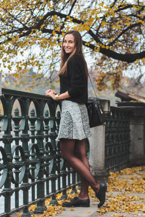 pantyhoseparty:Black pantyhose with light grey skirt and black sweater by a cup of style