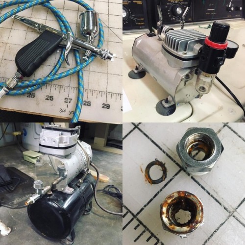 Left: New family members! An @iwata_airbrush HP-TH and @volpinprops old airbrush compressor! Right: 