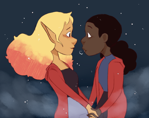 [ID: an image of lup and lucretia outside in the snow looking at each other with lots of love and ho