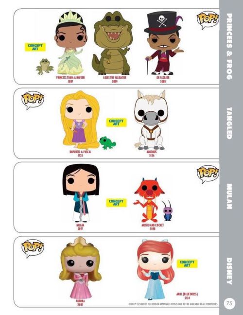 Concept art for upcoming 2015 Funko Pop lines. Princess and the Frog, Mulan, Tangled, and Once Upon 