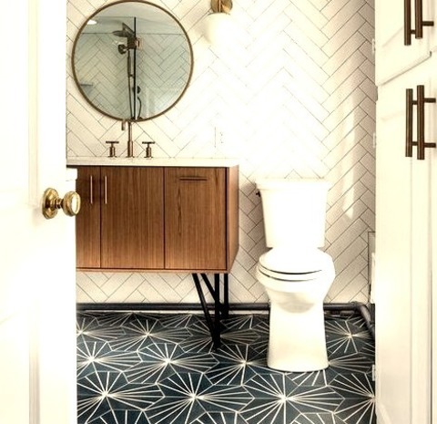 Bathroom 3/4 Bath A Mid-sized 1960s 3/4 White Tile And Subway Tile Cement Tile Floor, Blue Floor, Single-sink,