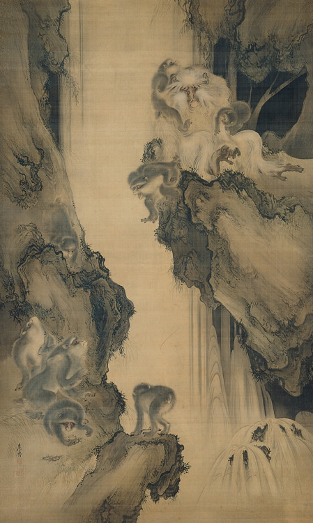 Waterfall and Monkeys, Shibata Zeshin, 1872