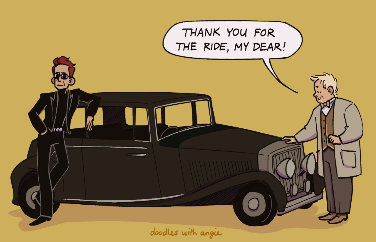 Crowley casually leans against the Bentley as Aziraphale pats the hood of the car, saying to it, "Thank you for the ride, my dear!"