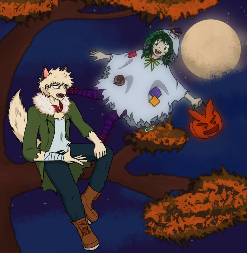 “Where’s the candy?!”“Kacchan, you couldn’t eat it, even if I had any!”aaaaah moonlit spooky nights 