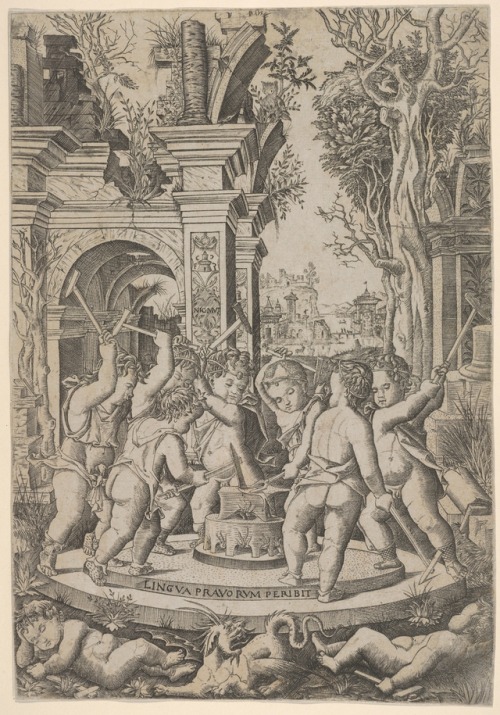 met-drawings-prints: The fate of an evil tongue; seven putti stand around an anvil on which they ham