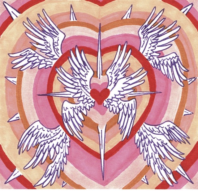red, pink, and orange hearts radiate from the center of the page, with wings and spikes poking out 